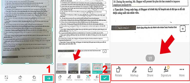 Nhấn vào hình "mũi tên xanh" (ở góc dưới bên phải màn hình)