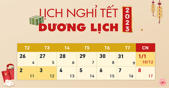 Lịch nghỉ Tết Dương lịch 2023