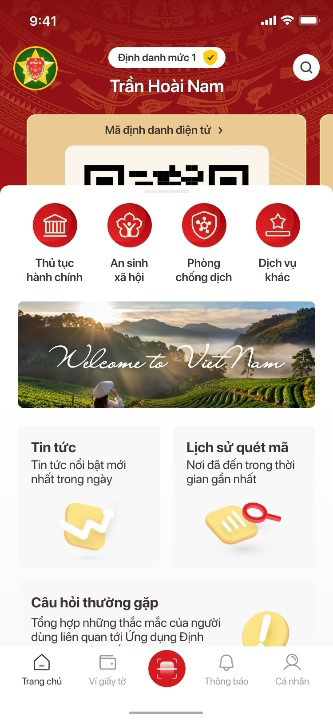 Khi đăng nhập thành công, màn hình trang chủ của tài khoản định danh điện tử