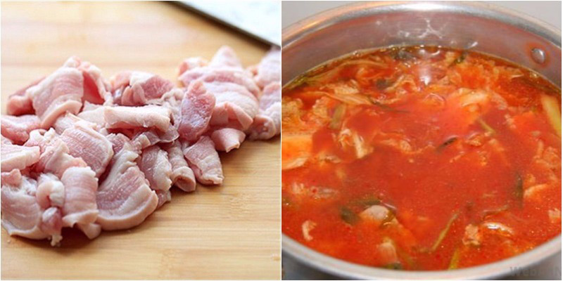 Chờ đến khi nước sôi thì cho thịt lợn cắt miếng vào, nêm nếm gia vị sao cho vừa miệng