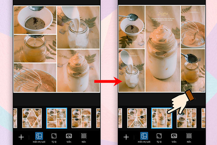 Chọn bố cục ảnh ghép, bạn căn chỉnh lại tỷ lệ ảnh, nền và viền
