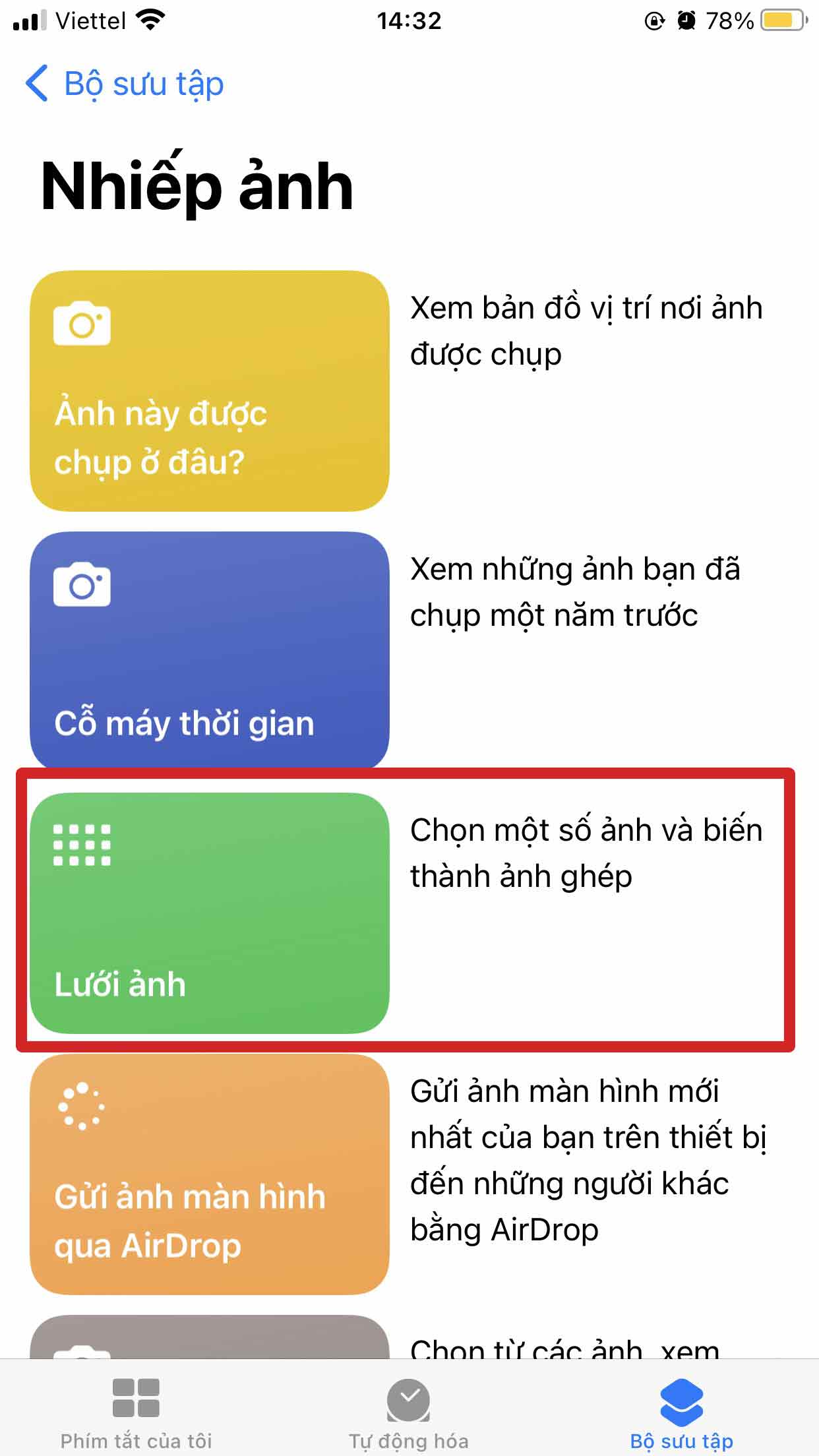 Nhấn vào Lưới ảnh → Nhấn Thêm phím tắt