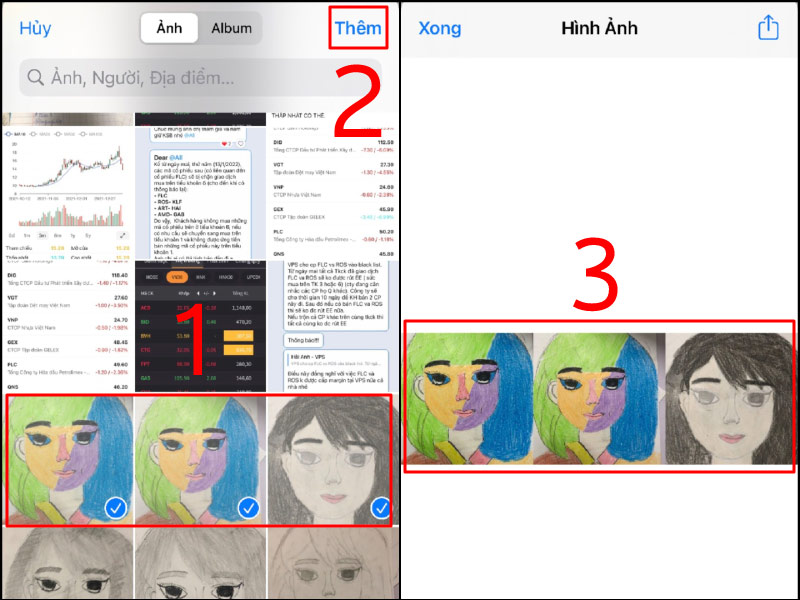 Nhấn chọn những ảnh bạn muốn ghép → Nhấn Thêm → Kết quả hiển thị