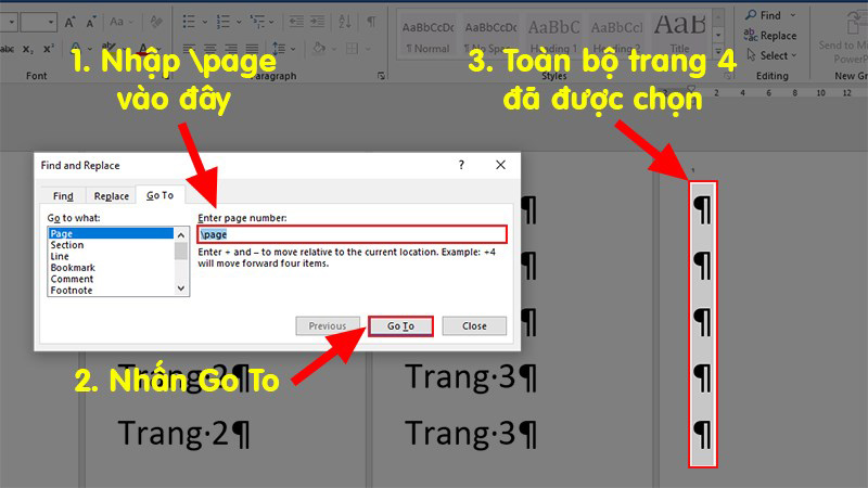 Khi chọn trang xong, bạn điền \page vào phần Enter page number → Nhấn Go To