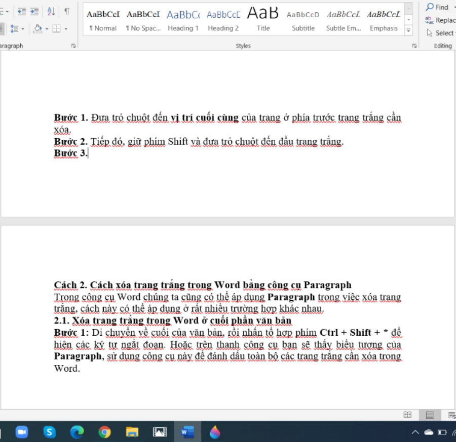 Nhấn Delete trên bàn phím để xóa trang trắng