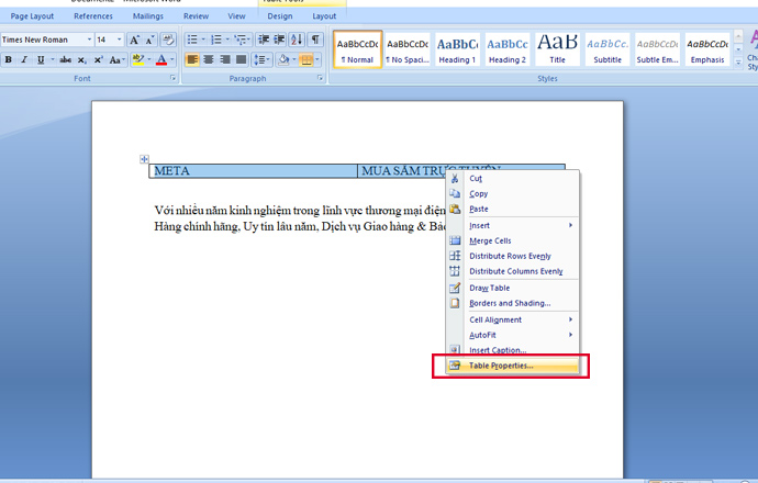 Click chuột phải vào dòng vừa bổi đen → Chọn Table Properties