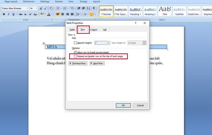 Cửa sổ Table Properties xuất hiện → Nhấn chọn Row → Click tắt bỏ ô Repeat as header row at the top of each page → Chọn tiếp OK