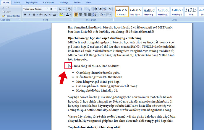 Di chuyển và click chuột trái đến trước văn bản bạn muốn thêm trang mới
