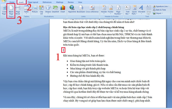 Nhấn chọn Insert trên thanh công cụ → Chọn Blank Page