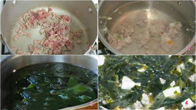 Nấu canh rong biển thịt bằm đậu phụ