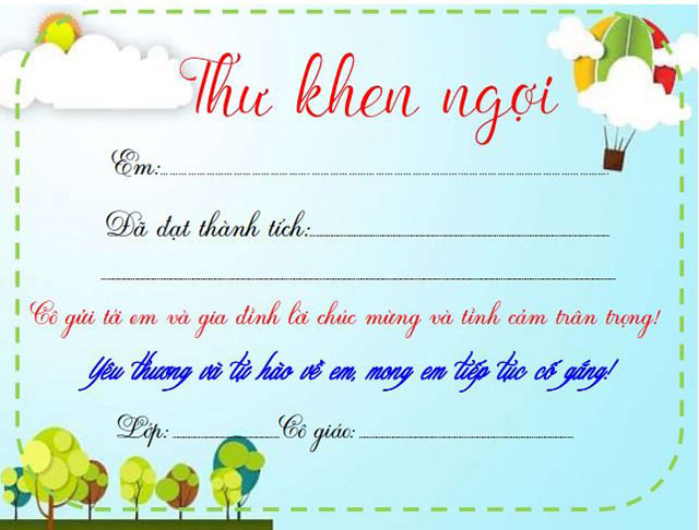 Mẫu thư khen học sinh tiểu học