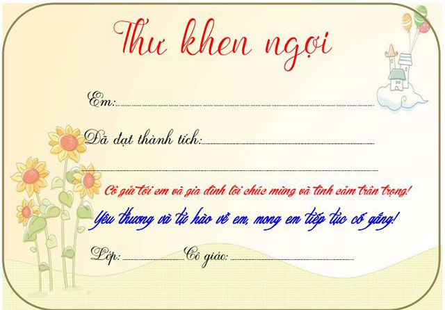 Mẫu thư khen học sinh tiểu học