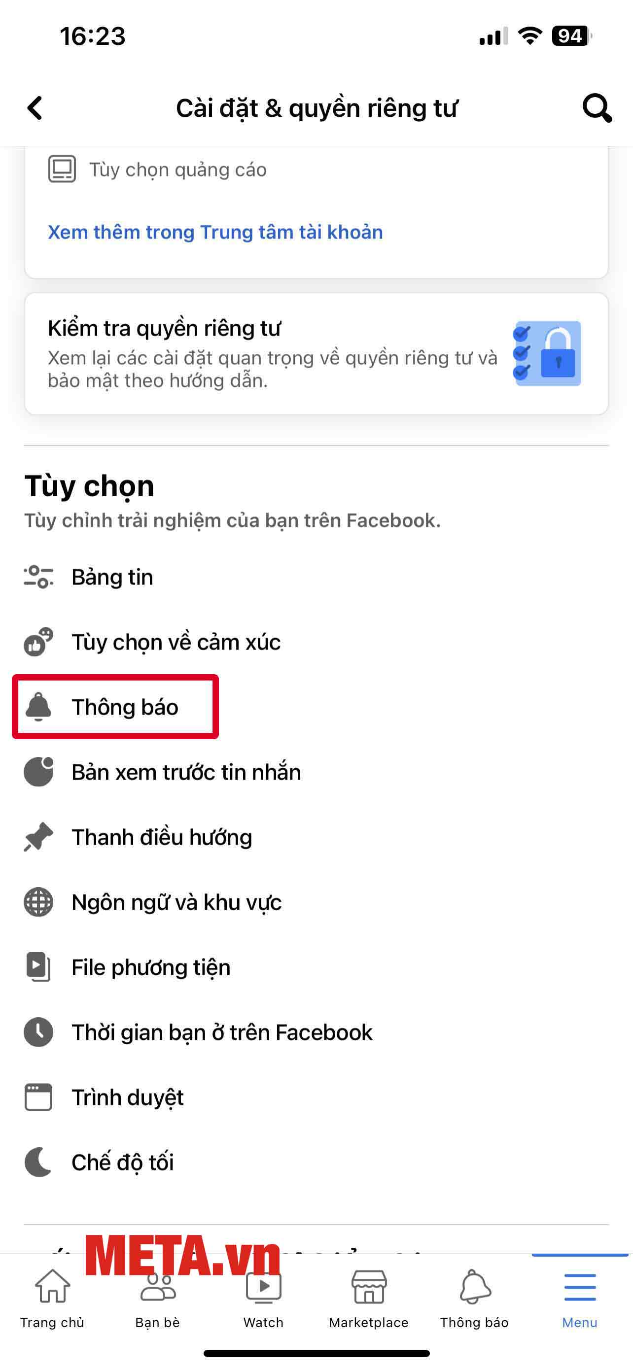 Chọn Thông báo