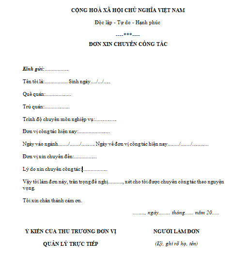 Mẫu đơn xin chuyển công tác về gần
