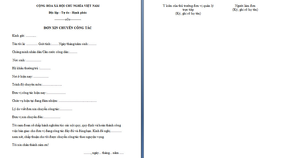 Mẫu đơn xin chuyển công tác trong quân đội