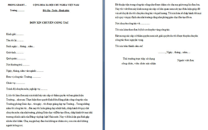 Đơn xin chuyển công tác của giáo viên
