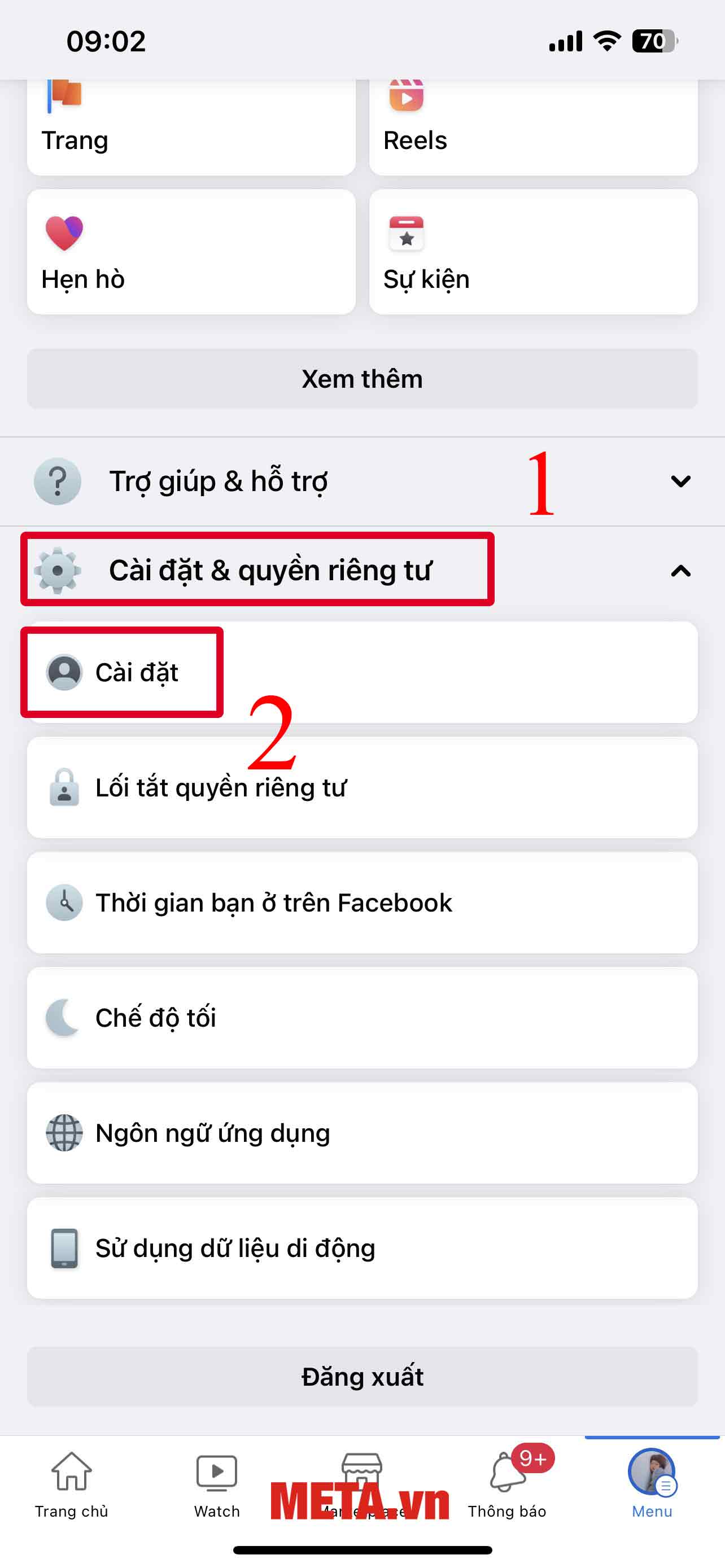 Truy cập vào Facebook -> Nhấn vào thanh Menu ở góc dưới bên phải màn hình -> Chọn Cài đặt & quyền riêng tư -> Chọn Cài đặt