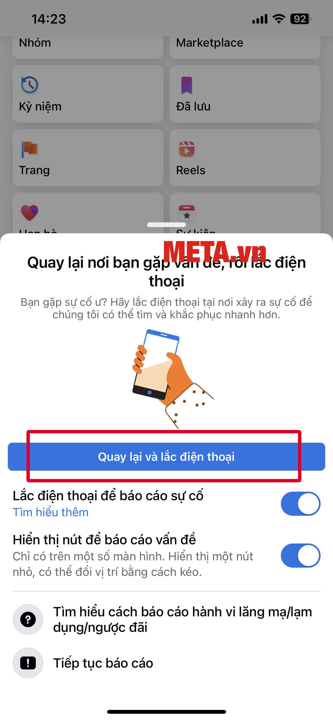 Chọn Quay lại và lắc điện thoại