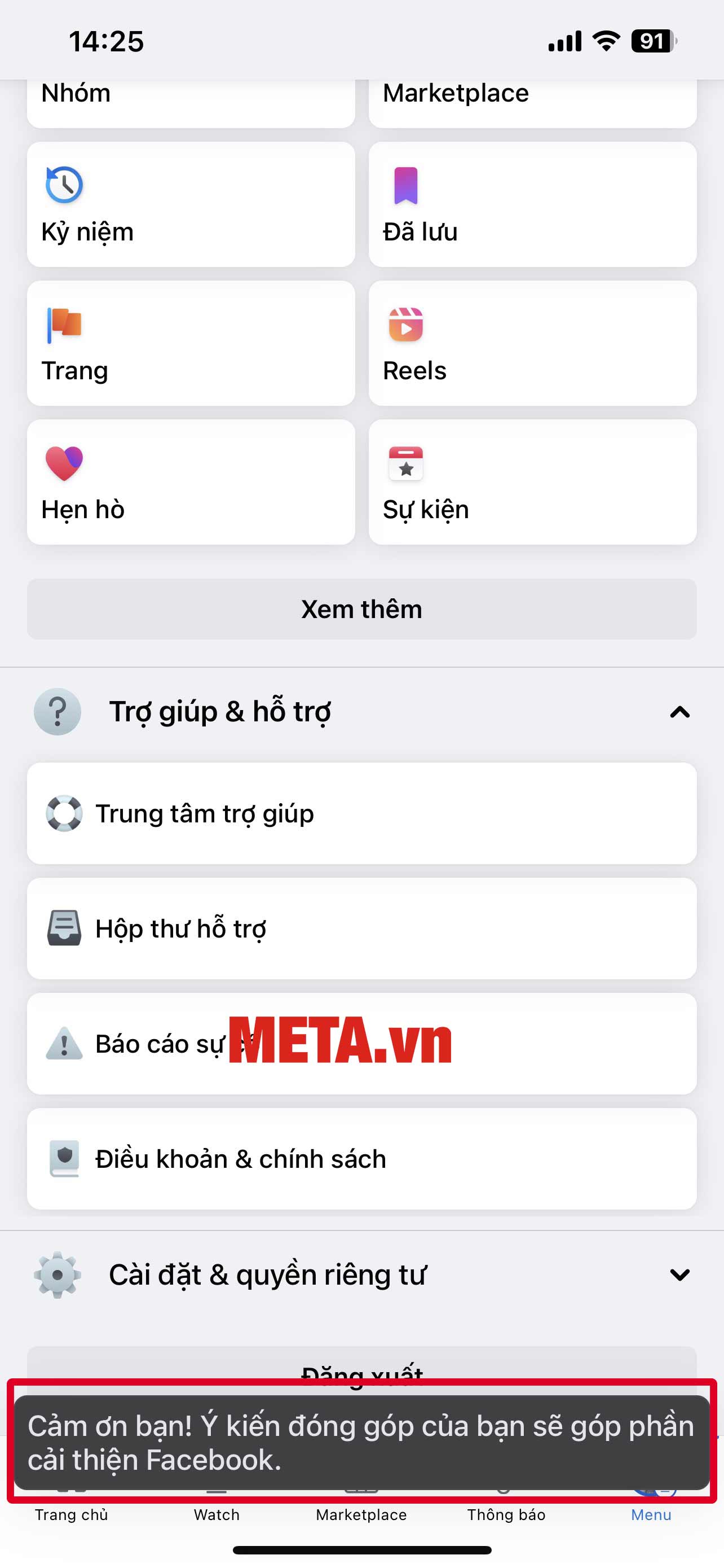 Facebook của bạn sẽ tự động hiện dòng thông báo Cảm ơn bạn! Ý kiến đóng góp của bạn sẽ góp phần cải thiện Facebook