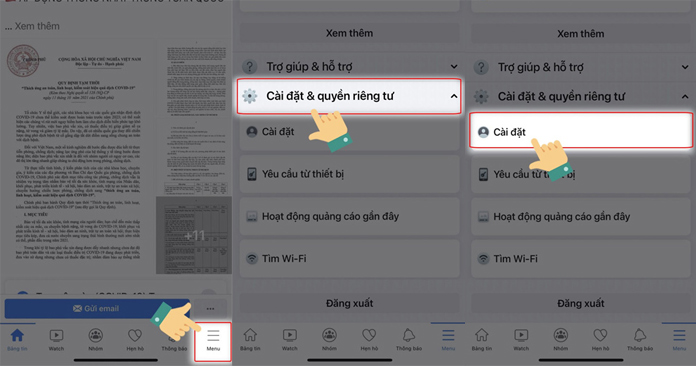 Truy cập vào Facebook → Chọn biểu tượng ba dấu gạch ngang ở phía dưới màn hình (hoặc hình ảnh đại diện của bạn) -> Nhấn vào Cài đặt & quyền riêng tư -> Chọn Cài đặt.