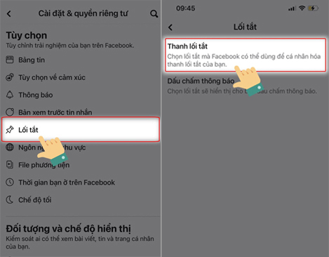 Chọn Lối tắt -> Nhấn Thanh lối tắt.
