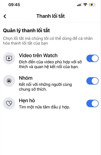 Tại đây, bạn gạt thanh kích hoạt màu xanh ở ứng dụng muốn thêm vào thanh lối tắt Facebook là được.
