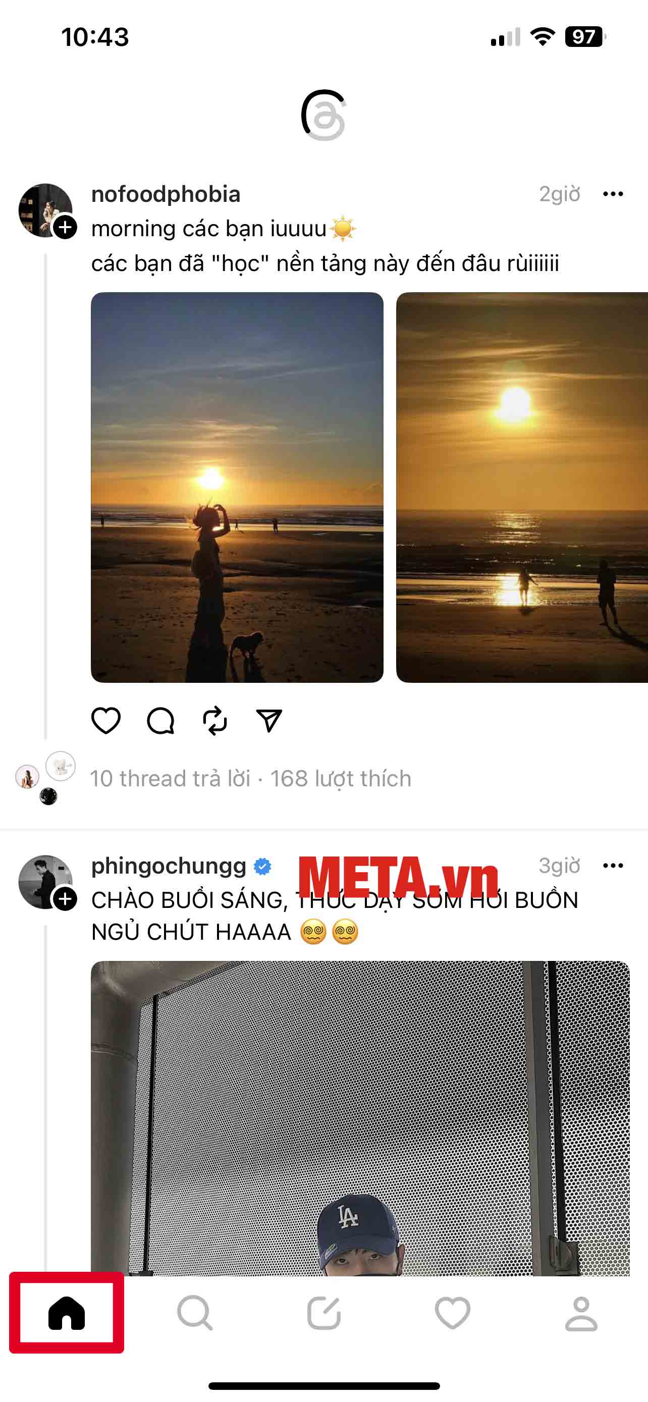 Truy cập vào ứng dụng Threads Instagram -> Nhấn vào biểu tượng trang chủ và bạn chỉ cần lướt tin