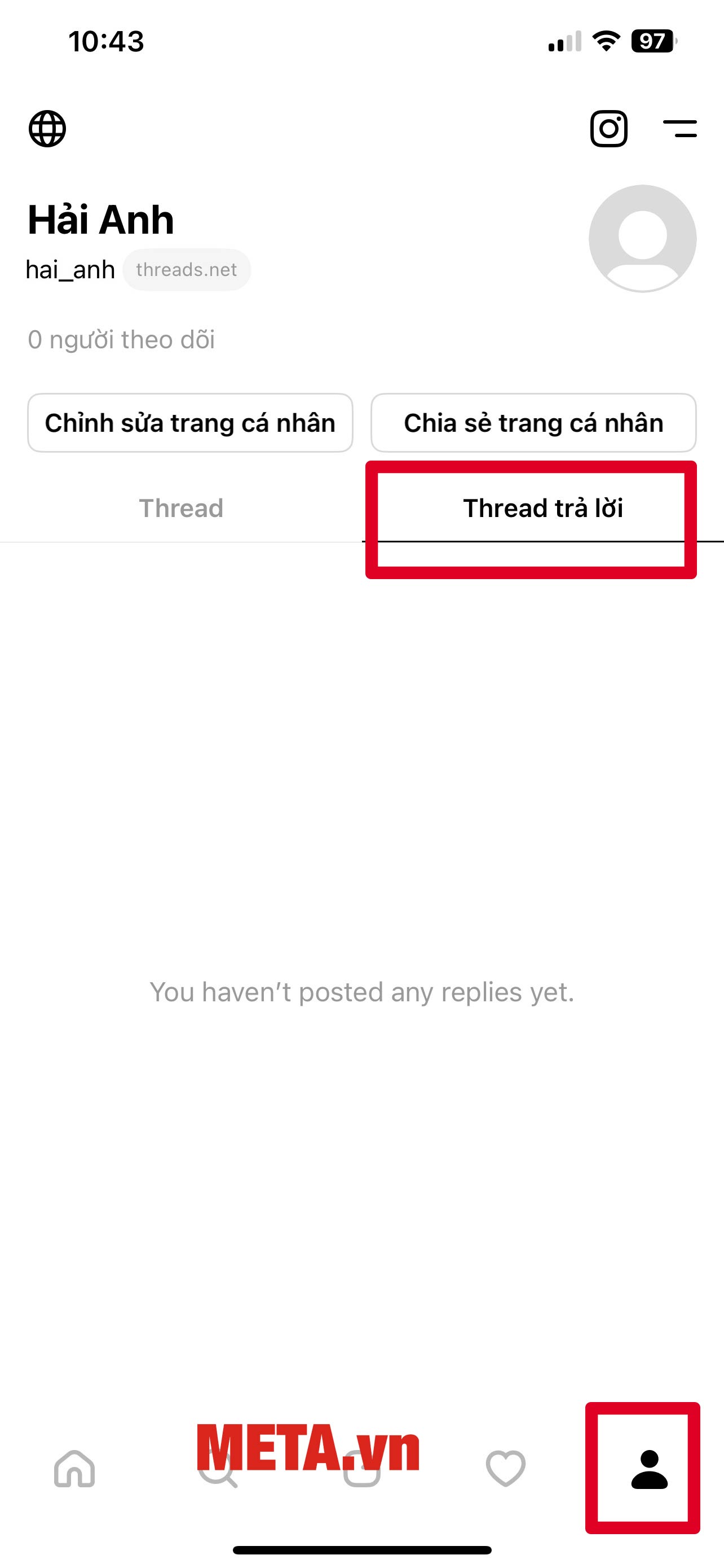 Nhấn vào biểu tượng cá nhân để xem các Thread trả lời của bạn.