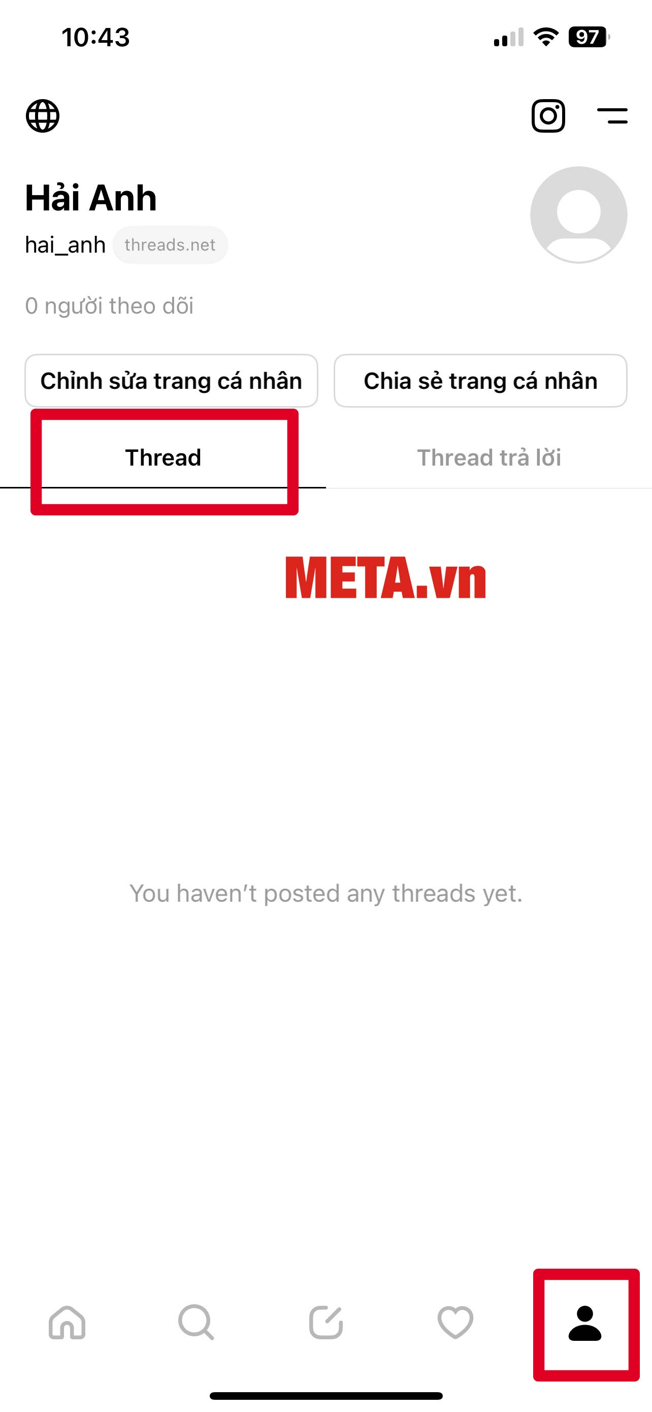 Nhấn vào biểu tượng cá nhân để xem các Thread của bạn.