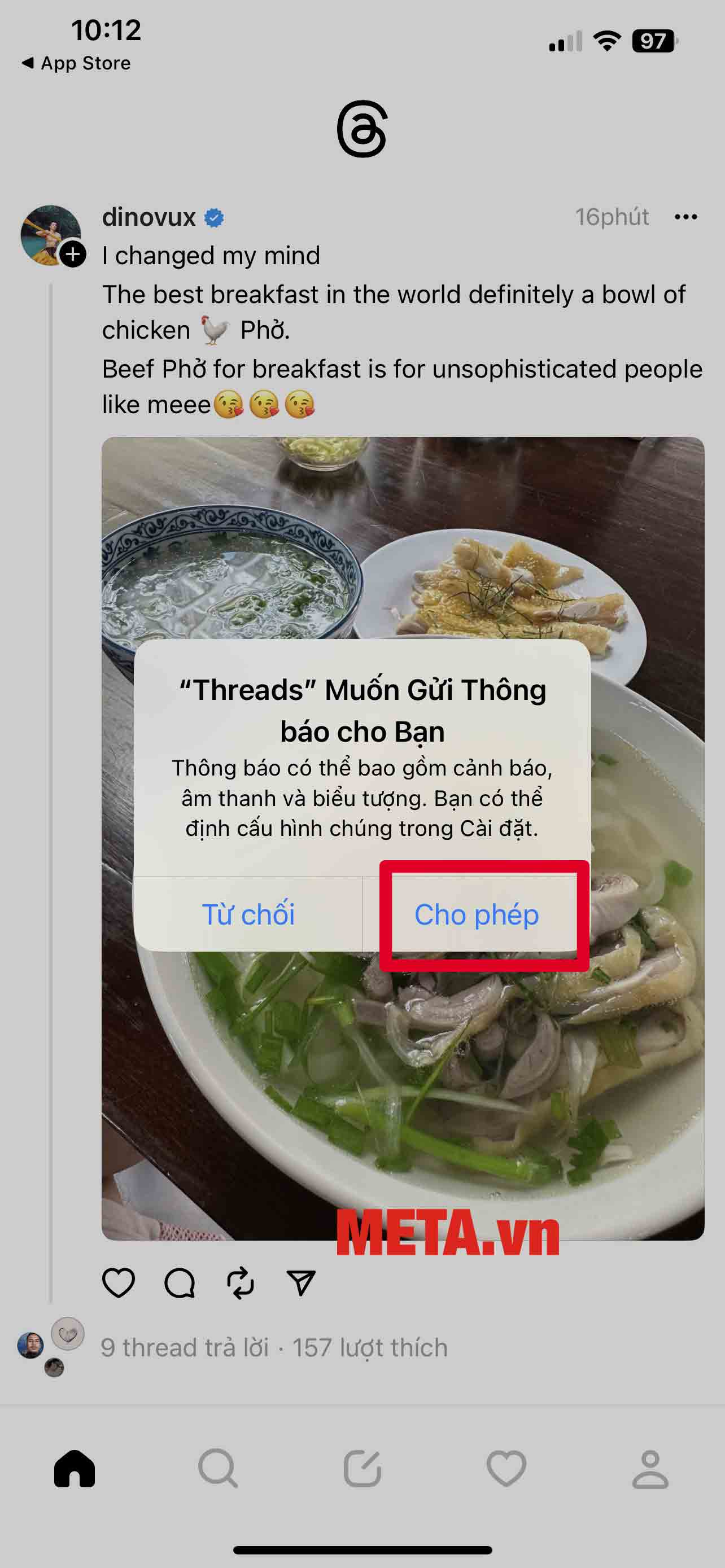Nhấn Cho phép để ứng dụng gửi thông báo cho bạn, còn không thì bạn nhấn Từ chối.