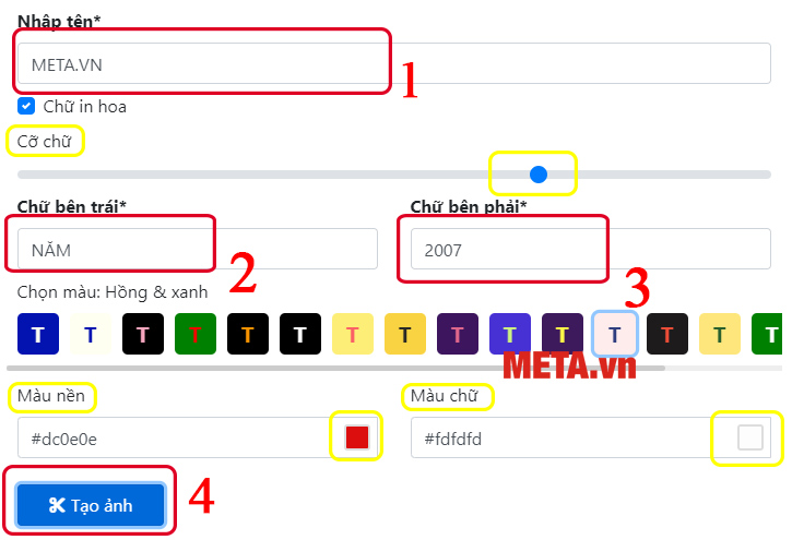 Bạn tiến hành điền tên (Nhập tên), Chữ bên trái (EST) và Chữ bên phải (Nhập năm sinh) vào ô trống tương ứng. Bạn có thể điều chỉnh cỡ chữ, màu chữ, màu nền theo nhu cầu