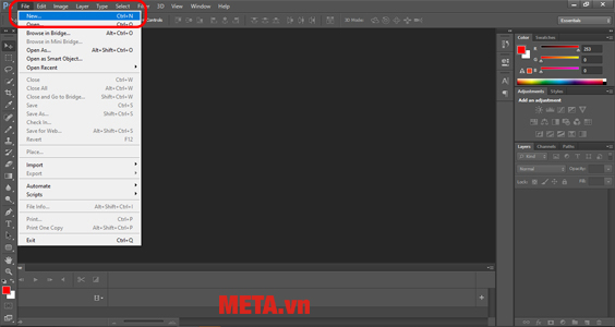 Nhấn File → Chọn New → Chọn kích cỡ ảnh mà bạn muốn đặt