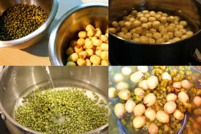 Nấu chè hạt sen đậu xanh đường phèn