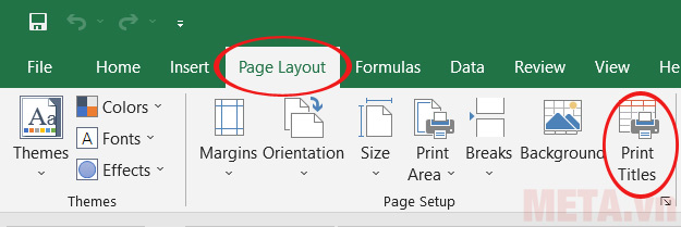 Lặp lại tiêu đề Excel khi in: vào Page Layout > Print Titles