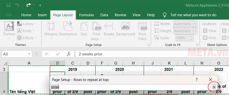 Chọn dòng hoặc cột muốn lặp lại ở các trang khi in