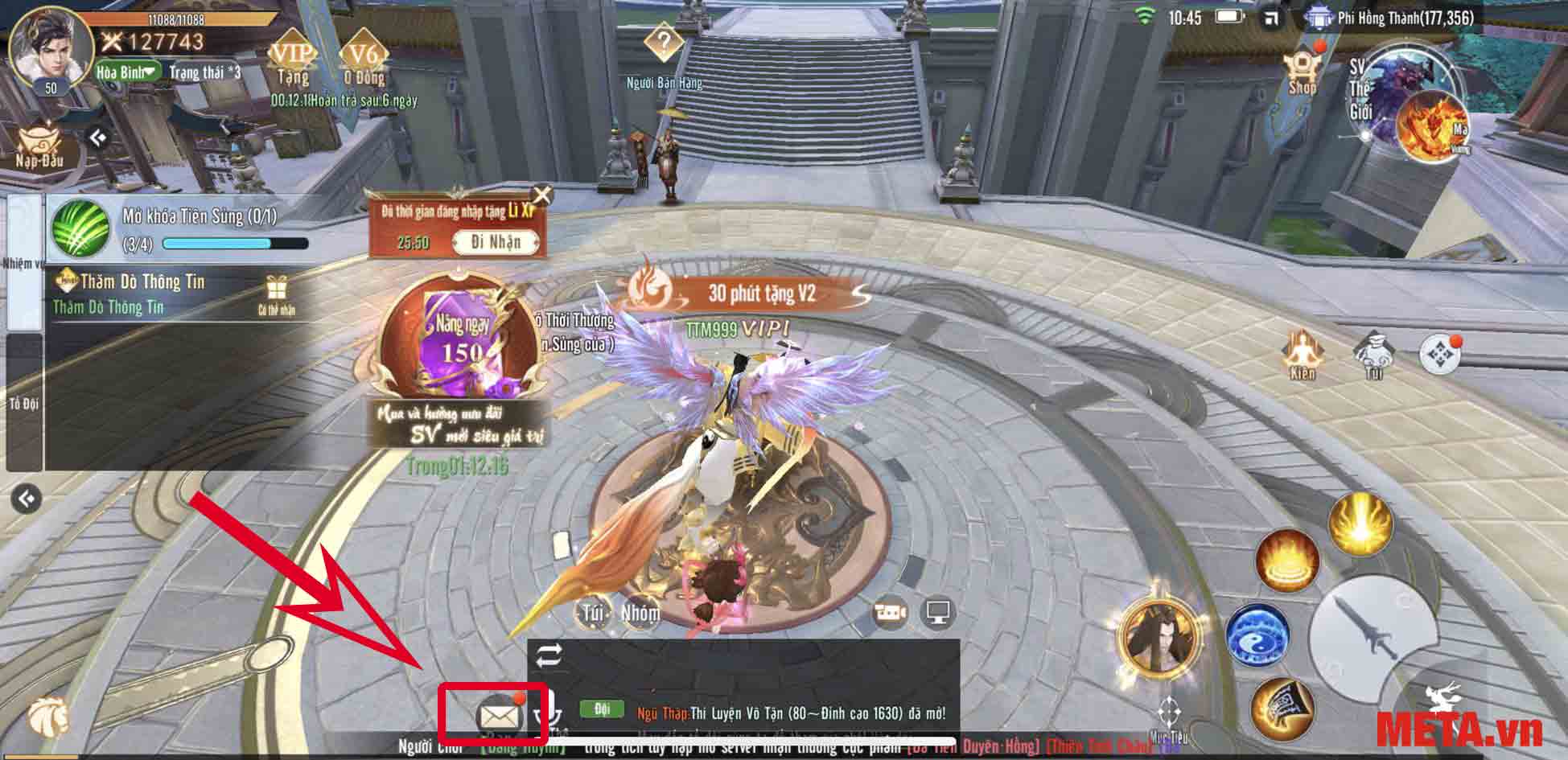 Quay về giao diện chính → Nhấn Thư. Nếu như có thư thông báo mới, bạn sẽ thấy biểu tượng thư có dấu chấm đỏ