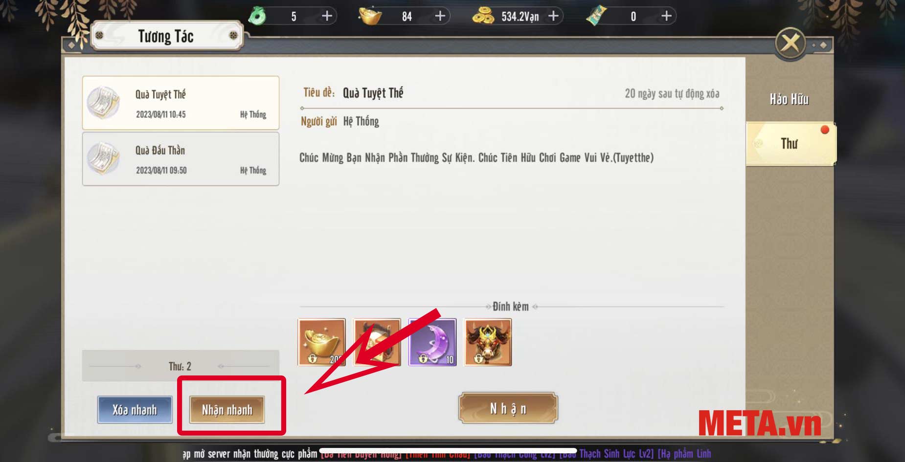 Nhấn Nhận nhanh để nhận quà