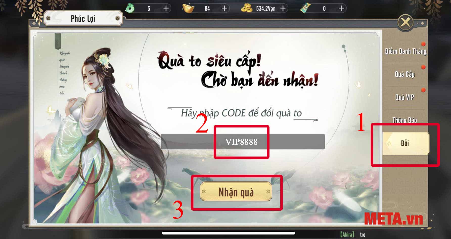 Nhấn Đổi → Nhập code vào khung → Chọn Nhận Quà để đổi code
