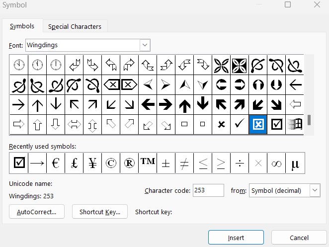 Cách tạo ô vuông có dấu x trong Word bằng Insert