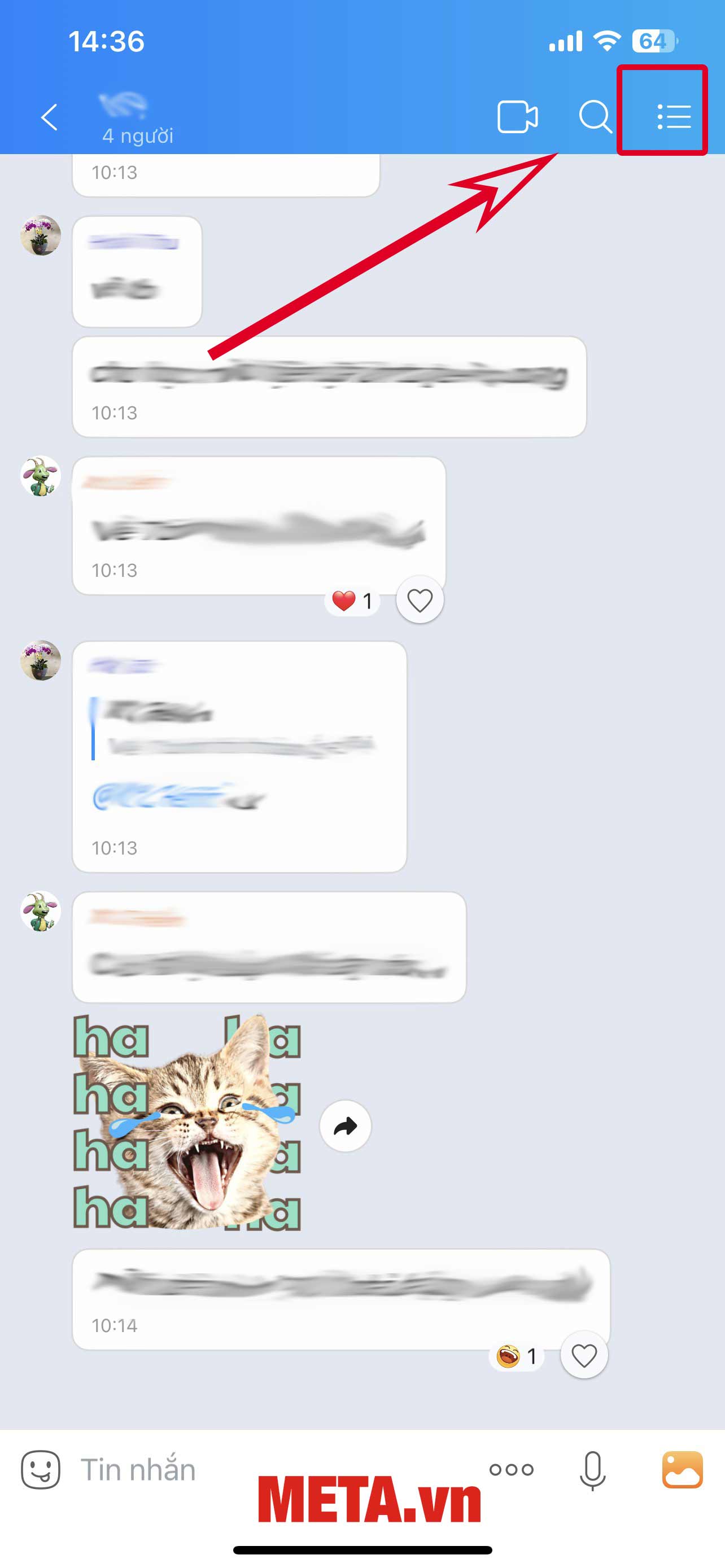 Truy cập vào Zalo → Chọn nhóm mà bạn muốn rời → Nhấn vào biểu tượng ba dấu chấm và ba dấu gạch ở phía trên góc phải màn hình