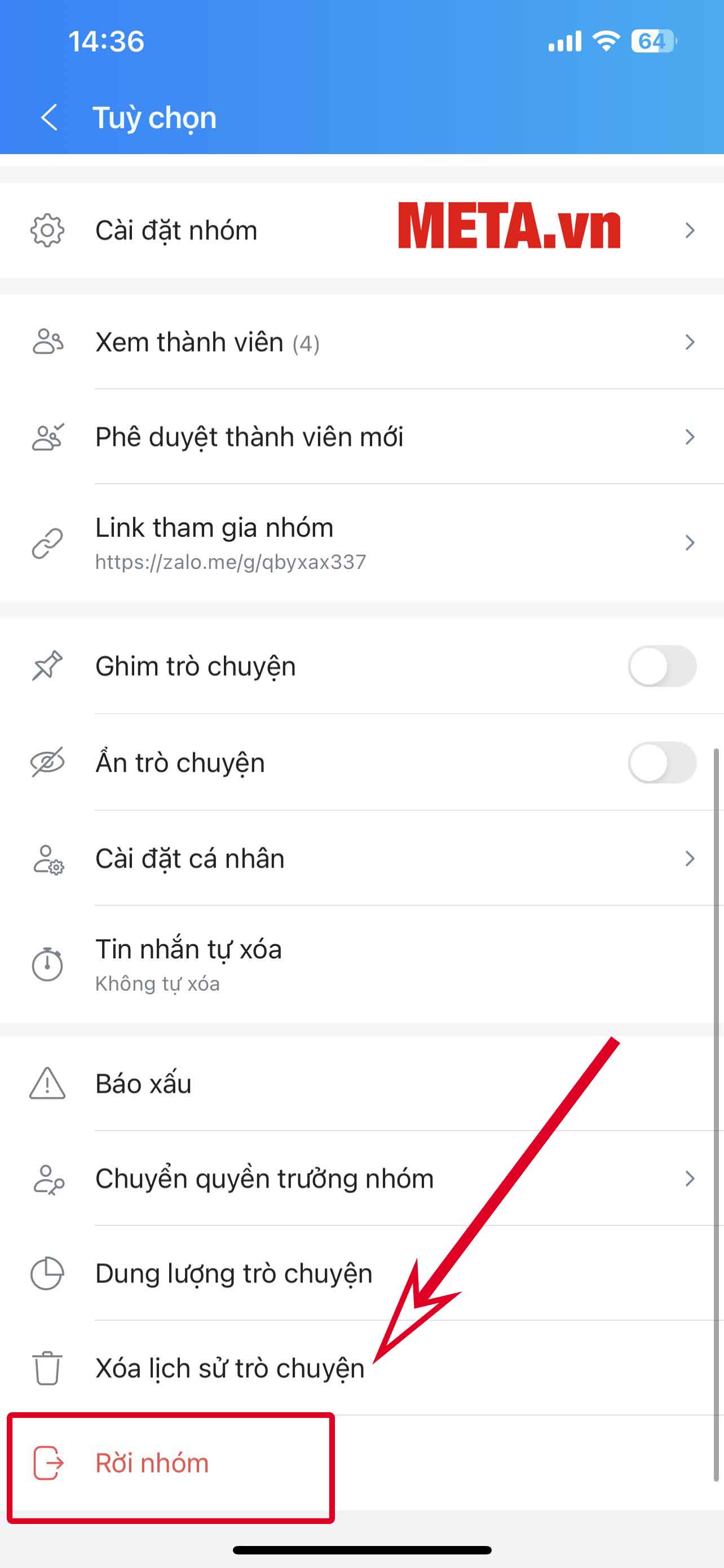 Kéo màn hình xuống dưới, bạn chọn Rời nhóm