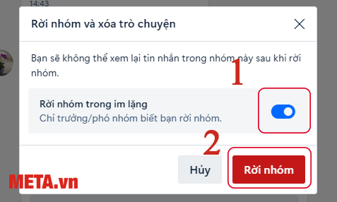 Nhấn vào thanh gạt trên dòng Rời nhóm trong tim lặng → Chọn Rời nhóm là bạn đã thành công