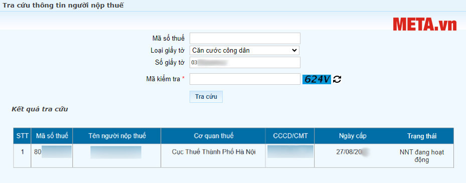 Kết quả mã số thuế sẽ hiện ra