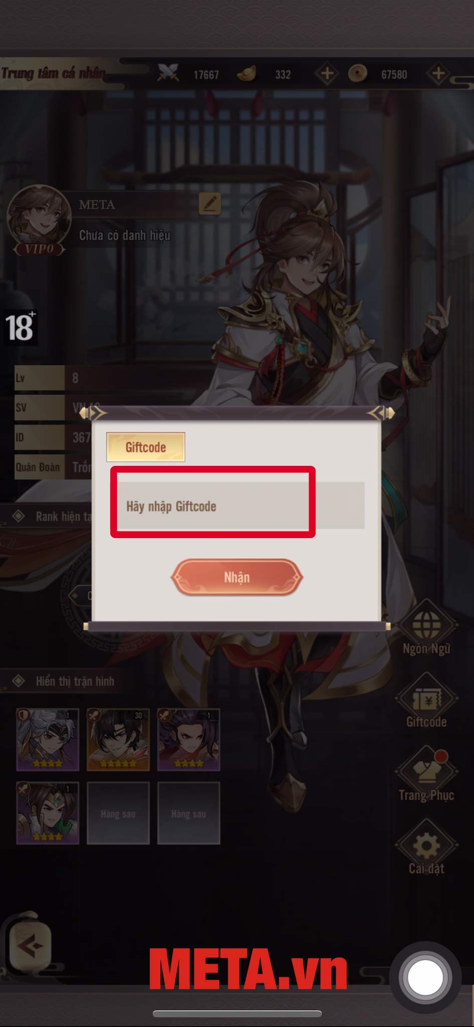 Nhập code game mới nhất vào khung → Nhấn Nhận