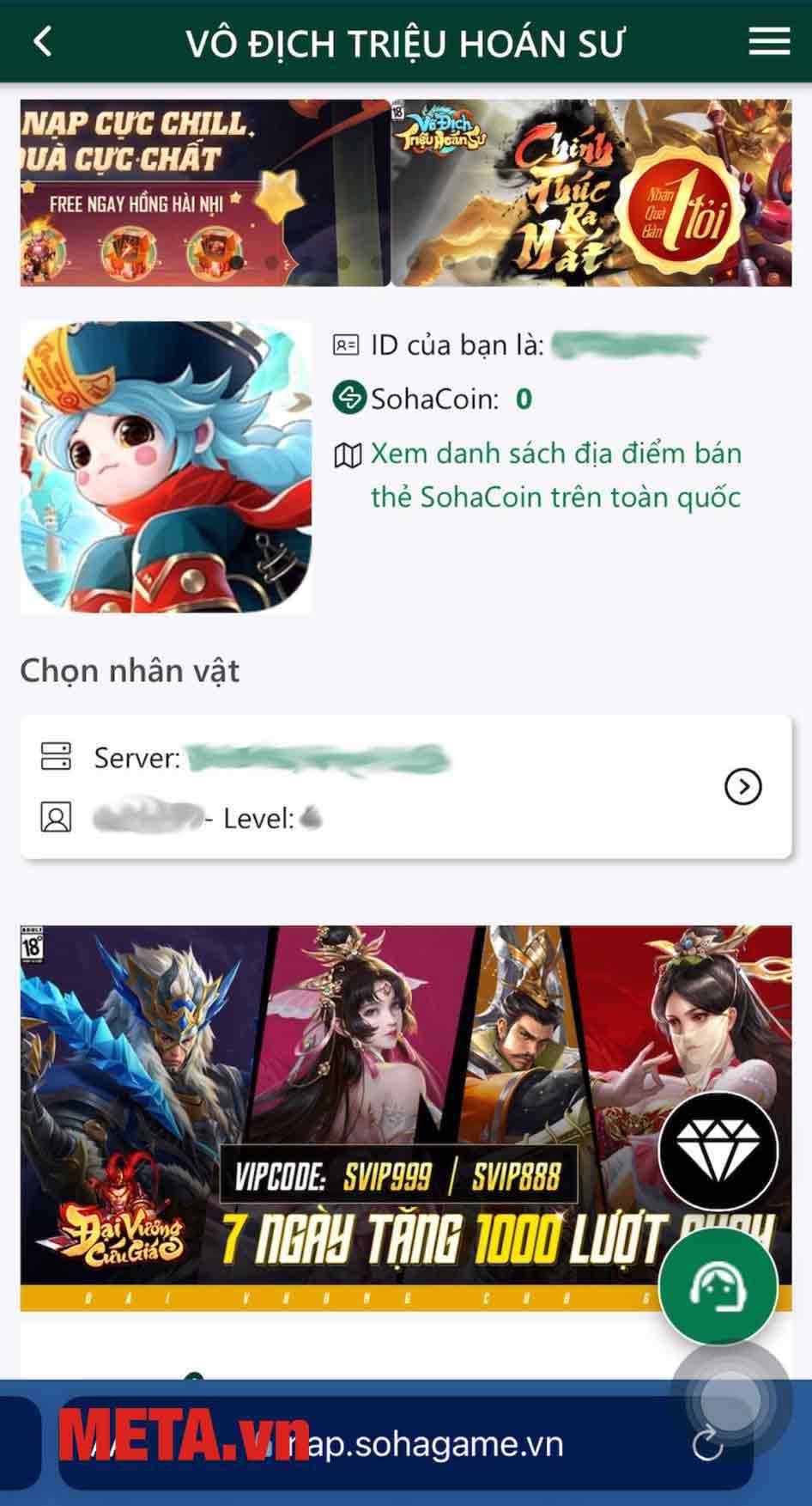 Đăng nhập tài khoản đã có nhân vật Vô Địch Triệu Hoán Sư vào → Nhấn chọn sever và nhân vật mà bạn muốn nhận thưởng