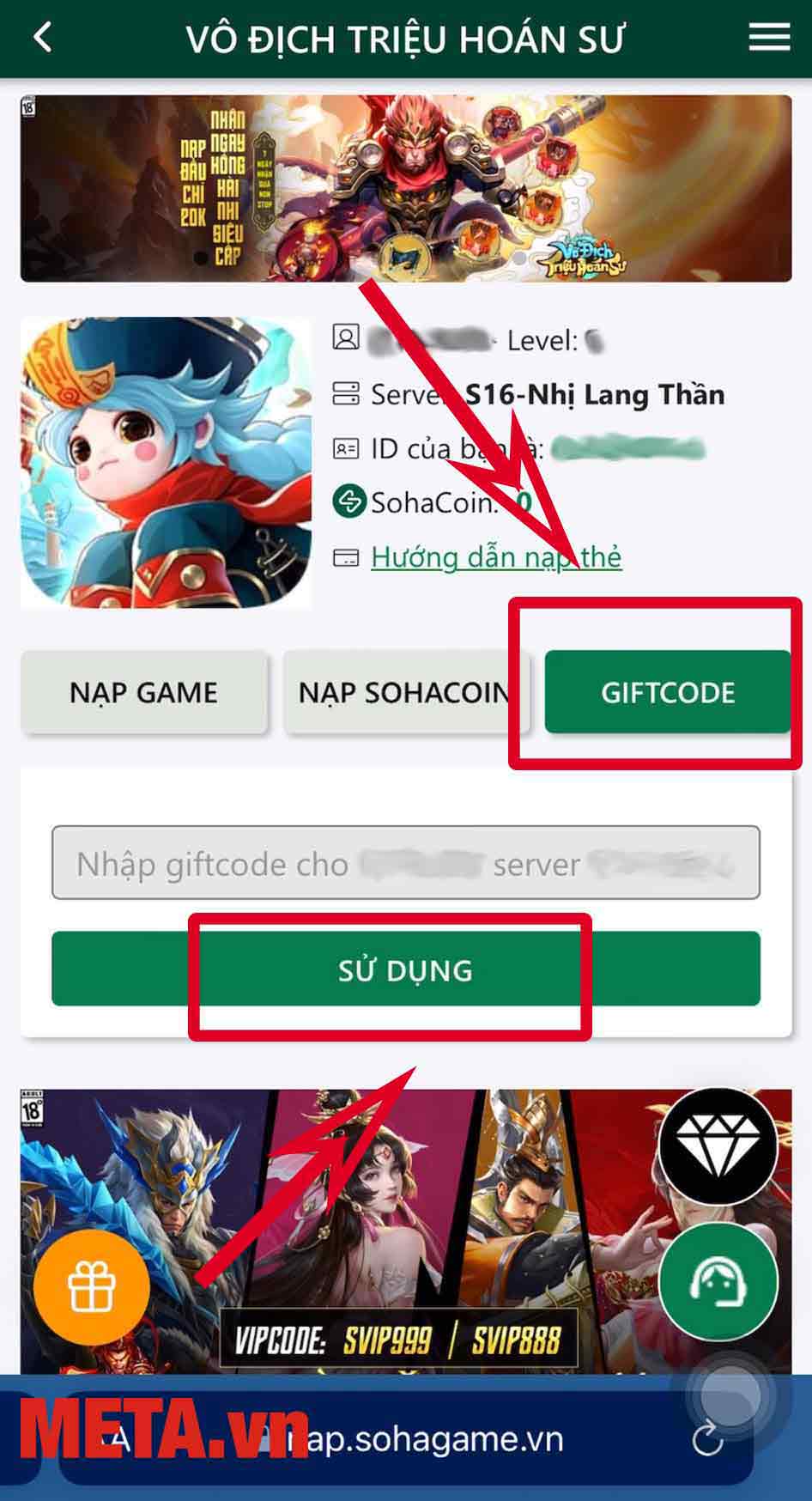 Nhấn chọn Giftcode → Nhập toàn bộ code mà chúng tôi chia sẻ trên đây vào khung nhập → Chọn Sử dụng để đổi thưởng