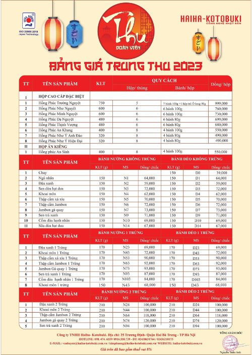 Bảng giá bánh trung thu Hải Hà