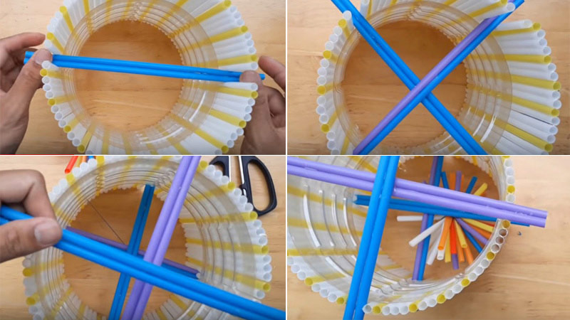 Dùng súng bắn keo để gắn ống hút vào bốn vị trí bạn vừa cắt trên thân lồng đèn