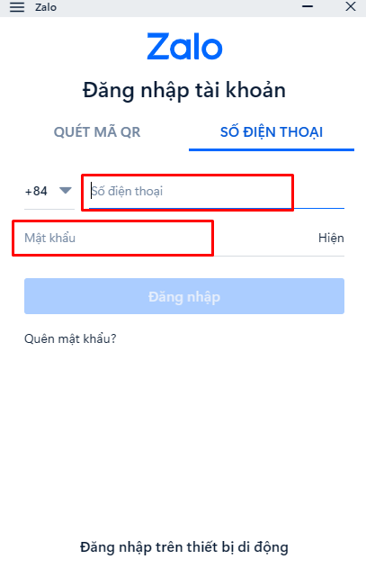 Điền thông tin số điện thoại đã đăng ký tài khoản Zalo và mật khẩu vào form đăng nhập