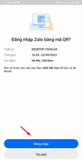 Bạn nhấn vào Đăng nhập để cho phép máy tính của bạn truy cập vào tài khoản Zalo.